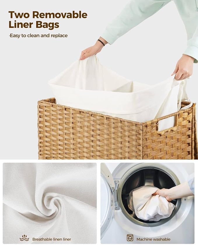 Greenstell Laundry Hamper with Wheels, No Install Needed, 90L Divided Handwoven Hampers & 2 Removable Liner Bags, Synthetic Rattan Clothes Laundry Basket with Lid & Handles, Foldable Hampers Natural - Image 4