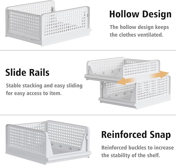 Proarea 5 Pack Stackable Storage Bins, Closet Organizers and Storage, Foldable Closet Organizer Baskets for Clothes, Plastic Drawer Bins for Closet Organization, Wardrobe Shelf, Laundry Room, White - Image 5