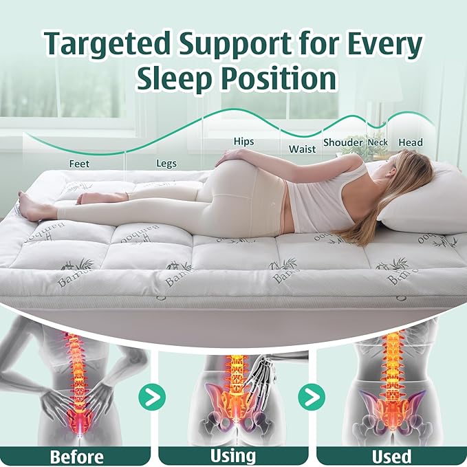 DOWNCOOL Memory Foam Mattress Topper King, Cooling Pillow Top Mattress Pad with Viscose Derived from Bamboo, Back Pain Relief, Deep Pocket Fits 8–21 Inch
