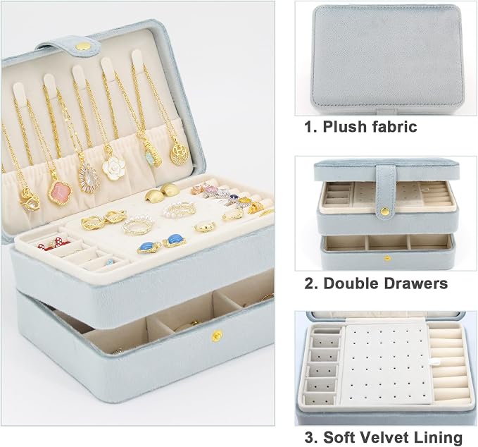 KOOAAICCHI Small Jewelry Box, Travel Jewelry Organizer, Portable Jewelry boxes for Women Girls Gift, Double Layers PU Leather Jewelry Holder for Rings, Earrings, Necklaces-Velvet Blue - Image 3