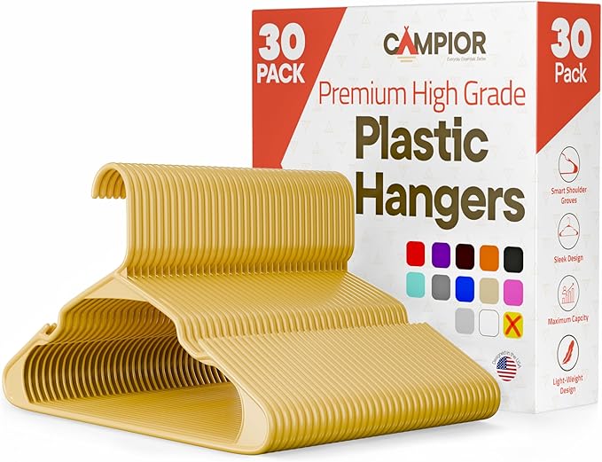 Plastic Clothes Hangers – Heavy Duty Hanger Set, for Organizing Clothes, Dresses, and Coat, Holds Up to 5 lbs, Space-Saving Hangers with Non-Slip Shoulder Grooves, Pack of 30, Yellow by Campior