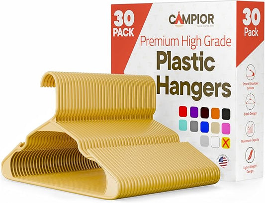 Plastic Clothes Hangers ?€? Heavy Duty Hanger Set, for Organizing Clothes, Dresses, and Coat, Holds Up to 5 lbs, Space-Saving Hangers with Non-Slip Shoulder Grooves, Pack of 30, Yellow by Campior