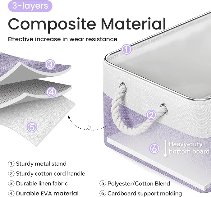 Large Storage Baskets- 15.7x11.8x8.26 inch Storage Bins for Shelves and Closet Organizing, Foldable Fabric Bin for Home Organization Clothes and Laundry (3-Pack, White&Purple) - Image 2