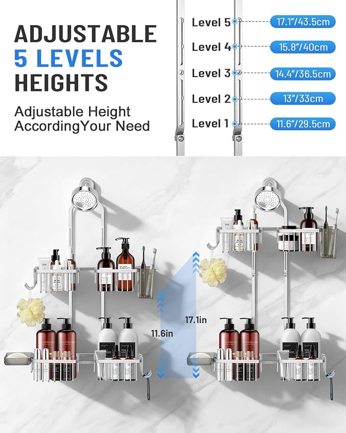 Adjustable Shower Caddy Hanging for Handheld Showerheads - Never Rust Shower Hanging Organizer, Upgraded Bathroom Shower Rack with Soap Basket, Hooks and Toothbrush Holder (Silver) - Image 4