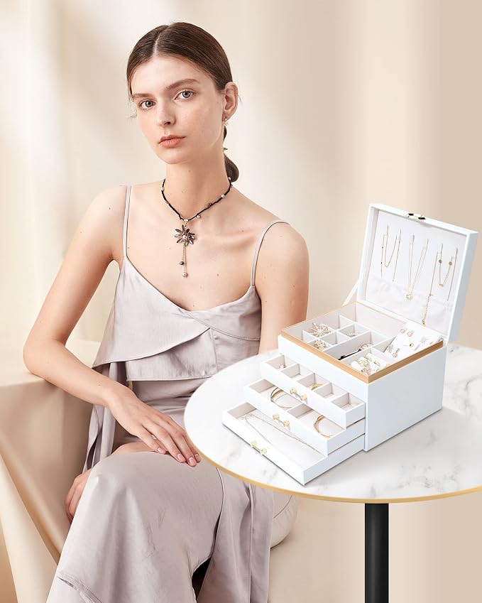 Jewelry Box for Women,4-Layer Leather Jewelry Holder Organizer with 3 Drawers Large Jewelry Storage Boxes, Lots of Storage Space For Ring,Necklace,Bracelets,Earring（White） - Image 8