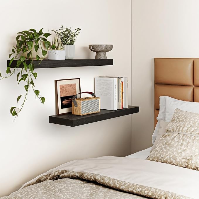 Fixwal Black Floating Shelves for Wall, 22" Long Wall Mounted Rustic Wood Shelves for Living Room, Bedroom, Bathroom and Kitchen, Wall Shelves for Storage, Books, Room Decor Set of 2 - Image 6