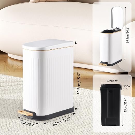 SYNCVIBE Slim Bathroom Trash Can with Soft Close Lid Stainless Steel Garbage Can Step Trash Bin with Removable Inner Bucket for Bedroom, Office, Kitchen (Matt White, 3.5 Gallons) - Image 3