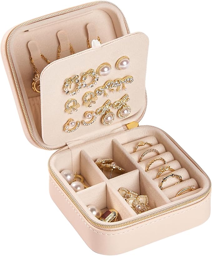 Travel Jewelry Box, PU Leather Small Jewelry Organizer for Women Girls, Portable Mini Travel Case Display Storage Holder Boxes for Stud Earrings, Rings, Necklaces (Apricot color) by Unknown