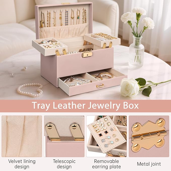 AKOZLIN Travel Jewelry Box Organizer Functional 2-trays Leather Jewelry Storage Case with Lockable Portable Drawer for Women Girls Ring Necklace Earring Bracelet - Image 4