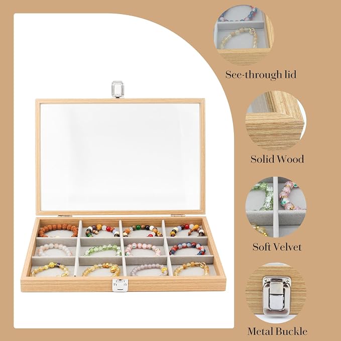 KOOAAICCHI Jewelry Organizer Tray 12 Grid Velvet Jewelry Storage Box with Clear Lid Jewelry Display Case with Lock Bracelet Earring Ring Organizer Showcase Gifts for Girls Women-12 Grid Wooden Beige - Image 3