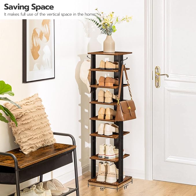 HOOBRO 8 Tiers Vertical Shoe Rack, Wooden Shoe Storage Organizer with Hooks, Narrow Shoe Tower for 8 Pairs, Space Saving, for Entryway, Living Room, Bedroom, Rustic Brown BF07XJ01G1 - Image 4