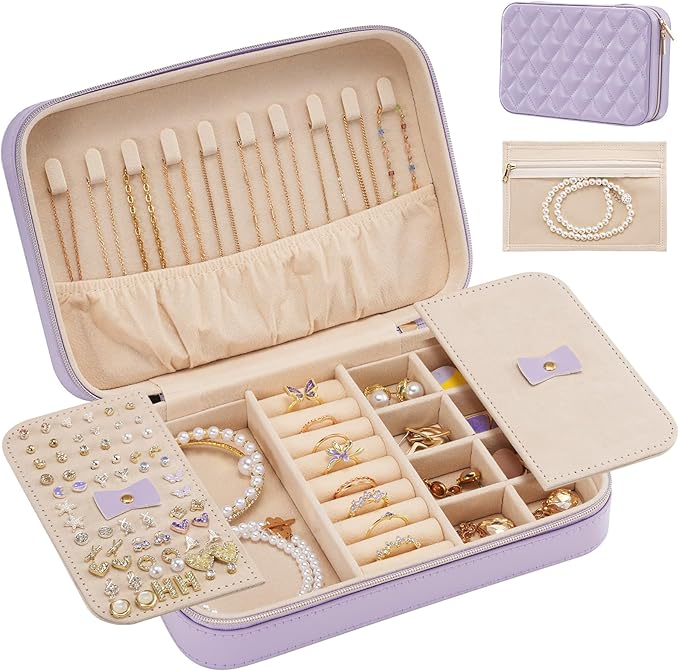 Lolalet Travel Jewelry Case for Women Girls, Travel Jewelry Organizer Box with Mirror & Clear Storage Bag, Small Portable Earring Necklace Bracelet Ring Case, Birthday Valentine Gifts -Medium, Purple by Lolalet