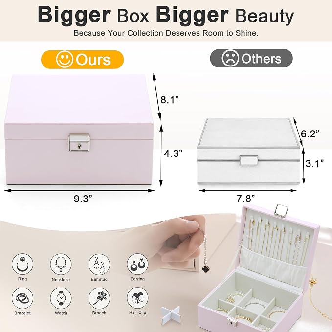 Jewelry Organizer Boxes for Women,Travel Jewelry Case, 2 Layers Removable Jewelry Box,Storage for Necklace, Bracelet, Earring,Rings,Jewelry Box Gifts for Women Girls - Image 2