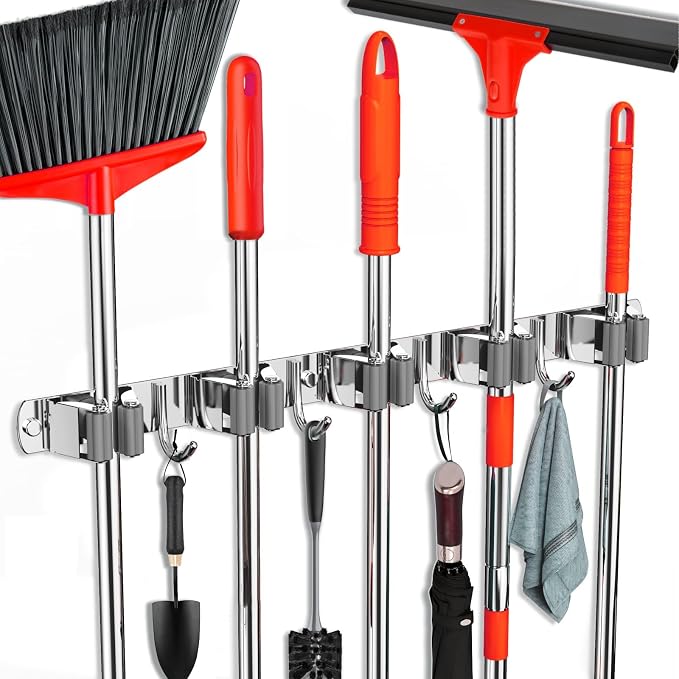 Mop and Broom Holder Wall Mount, Upgraded Broom Hanger Wall Mount, Stainless Steel Broom Organizer for Closet Garage Laundry Room Kitchen Wall Decor(5Racks 4Hooks Silver) by FODARSAI