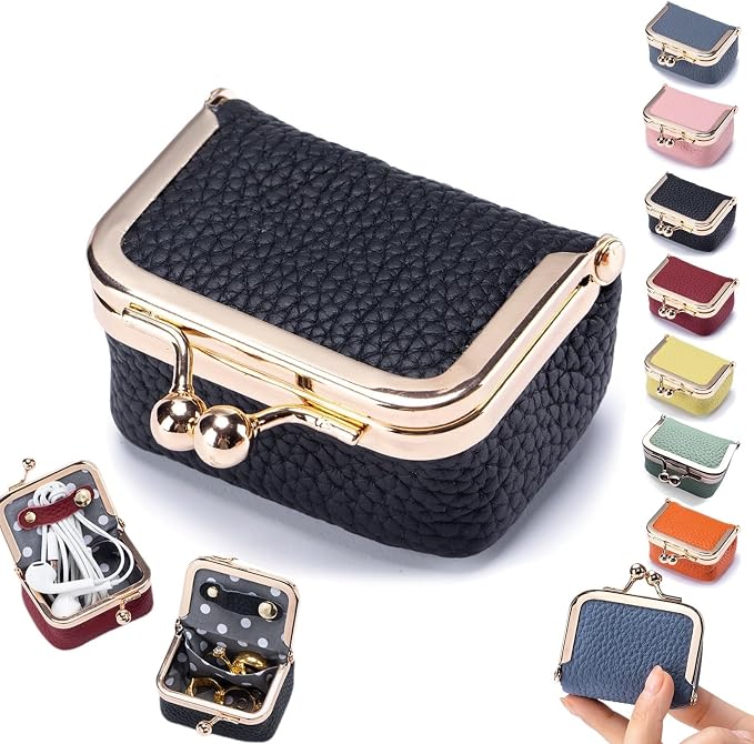 Genuine Leather Mini Jewelry Box, Portable Vintage-Inspired Genuine Leather Coin Purse Jewelry Case with Kiss Lock, Mini Travel Ring Box for Women for Earring/Ring/Necklace/Bracelet(Black) by Unknown