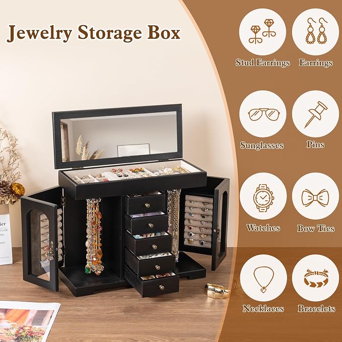 Miratino Jewelry Box for Women Girls, Wooden Jewelry Organizer Box with Mirror, 5 Layer Jewelry Storage Case Display for Necklaces Earrings Rings Bracelets Valentine's Day Gifts - Image 3