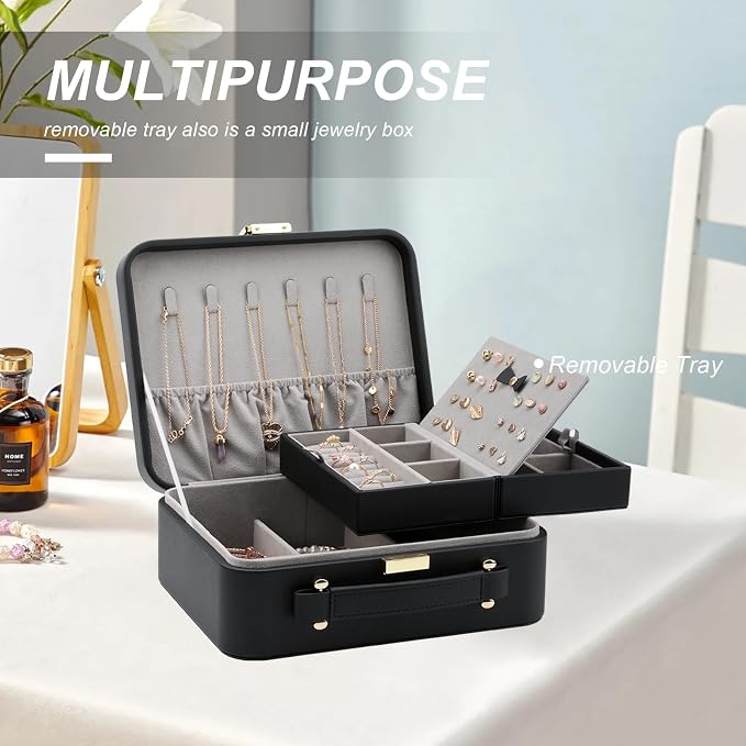 Travel Jewelry Box Jewelry Storage Case Jewelry Suitcase for Women and Men 2 Layer Jewelry Organizer Box with Removable Tray (Black) - Image 7