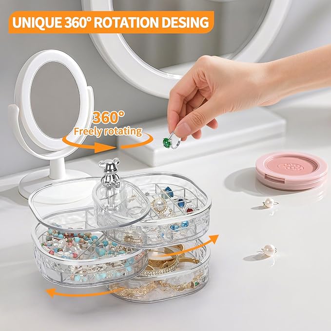 LETURE 3-Layers Rotatable Jewelry Organizer Storage Box, Clear Ripple Jewelry Holder Case for Ring Earring Necklaces Bracelets Makeup Hair Accessories, Small Rotating Jewelry Tray for Women (Clear) - Image 4