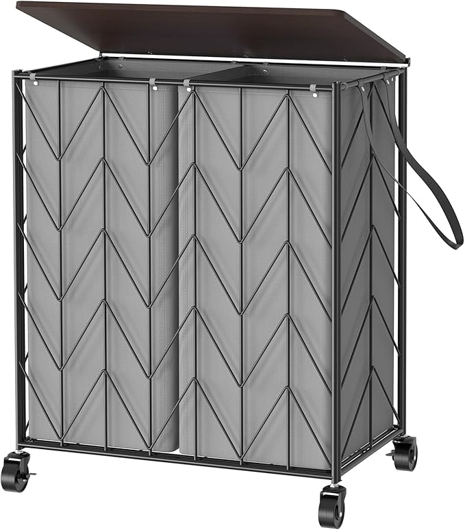 WOWLIVE Laundry Basket with Wheels, Heavy Duty Laundry Hamper with Wood Lid, Clothes Hamper with Divided Removable Liner Bag, Large Capacity Iron-Made Laundry Sorter Laundry Room Organization (Grey) by WOWLIVE