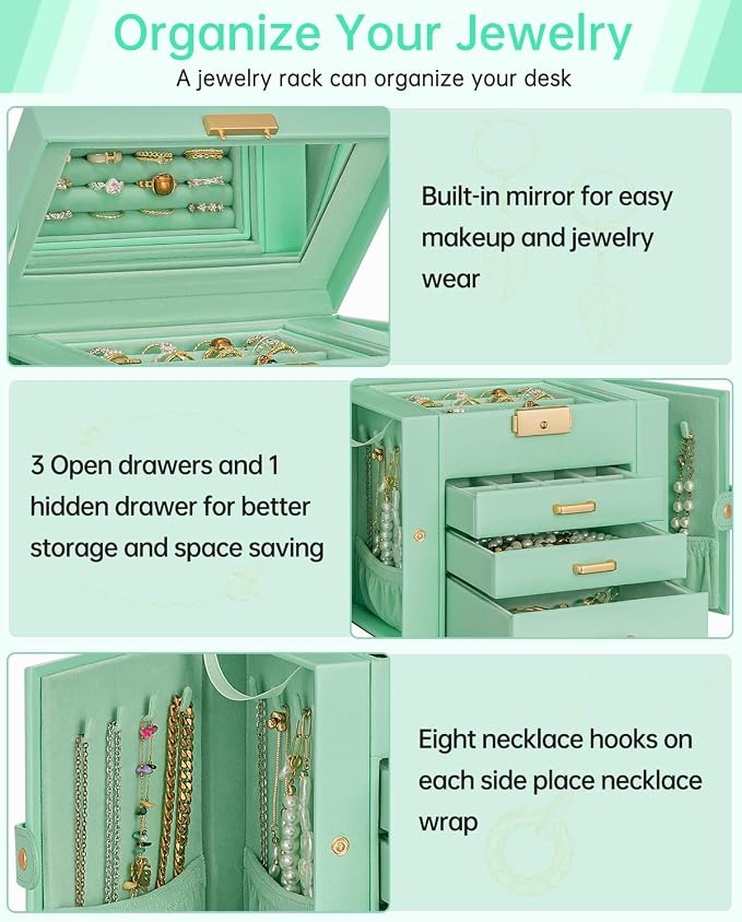 AKOZLIN 4-Tier Jewelry Box Leather Jewelry Storage Organizer with 3 Drawers Lockable for Women Girls Ring Necklace Earring Bracelet Holder with Mirror - Image 2