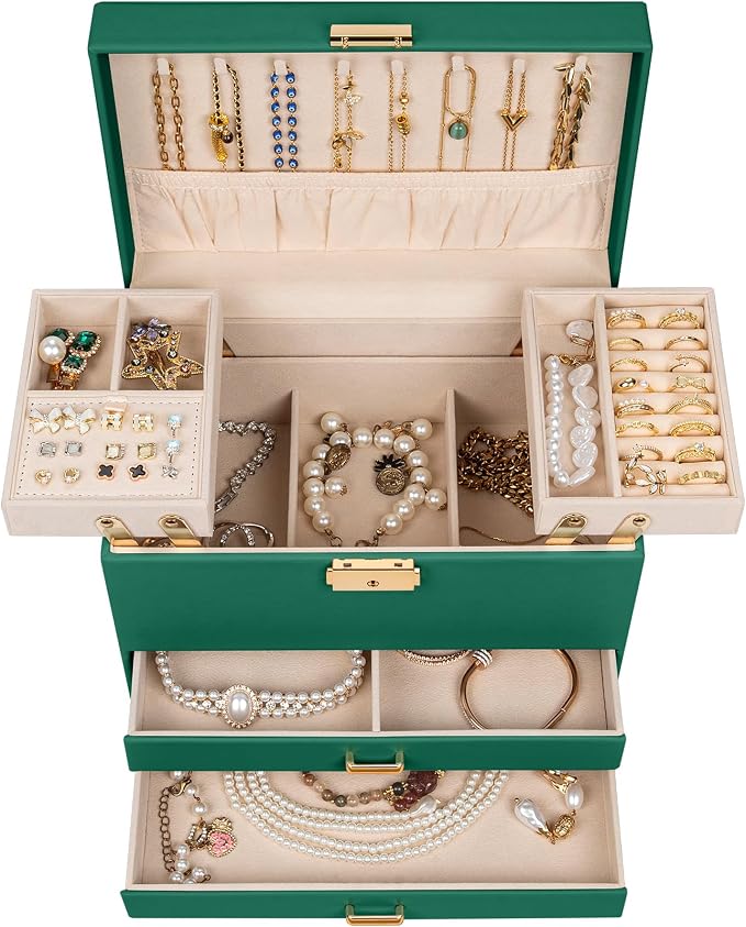 AKOZLIN Travel Jewelry Box Organizer Functional 2-trays Leather Jewelry Storage Case with Lockable Portable 2 Drawers for Women Girls Ring Necklace Earring Bracelet - Image 2