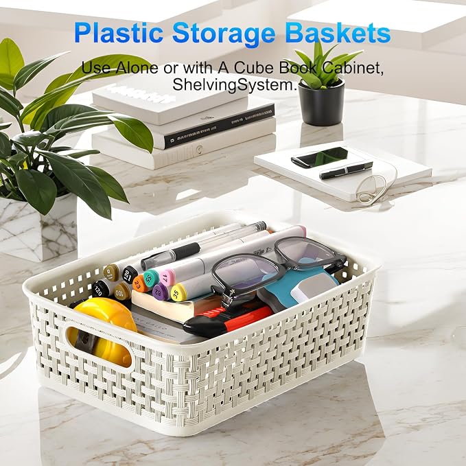 FUCDTEFC White Plastic Basket, 8 Pack Home Organization and Storage Baskets with Handles, Space Saving Woven Organizer Bins Plastic Storage Basket for Organizing Cabinets,Closets, Shelves, Countertops - Image 7