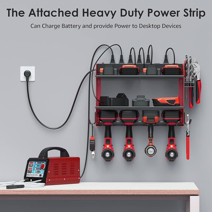 CCCEI Modular Power Tool Organizer Wall Mount with Charging Station. Garage Drill Storage Shelf with Hooks, Heavy Duty Rack, Tool Battery Holder Built in 8 Outlet. Gift for Men. Red, 1 Pack. - Image 3