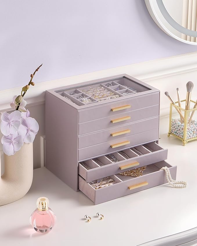 Lolalet Jewelry Box Organizer, 6-Layer Jewelry Organizers and Storage Case with Glass Lid, Ring Earring Bracelet Necklace Holder Organizer, Birthday Valentine Gifts for Women Girls -6Layer, HazePurple - Image 2