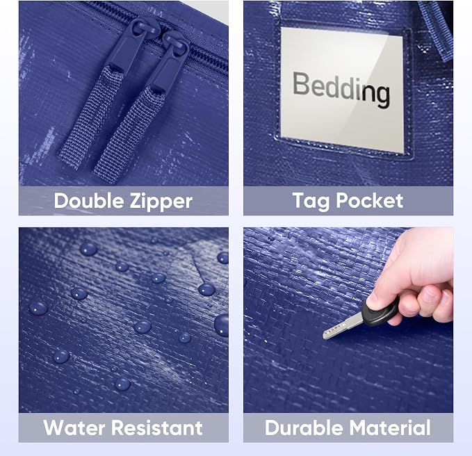 TICONN 4 Pack Extra Large Moving Bags Heavy Duty with Zippers & Carrying Handles, Durable Storage Bags Moving Boxes for Closet Organizers and Storage (4 Pack, Navy) - Image 6