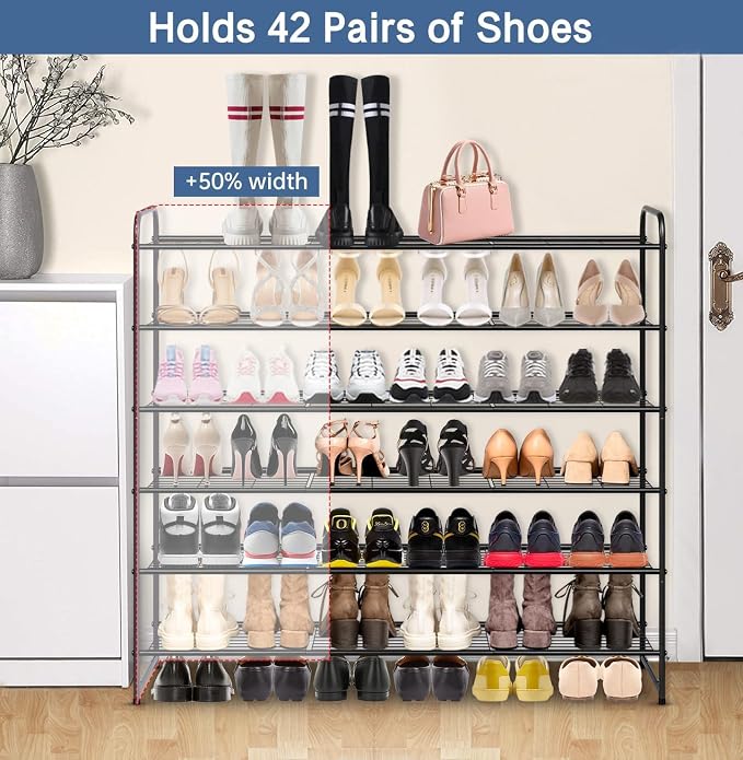 KEETDY Large Shoe Rack 6 Tier Organizer Tall Metal Shoe Organizer for Entryway Bedroom Floor Garage, Wide Shoe Shelf Storage Fits 42 Pairs Men Sneakers, Black - Image 3