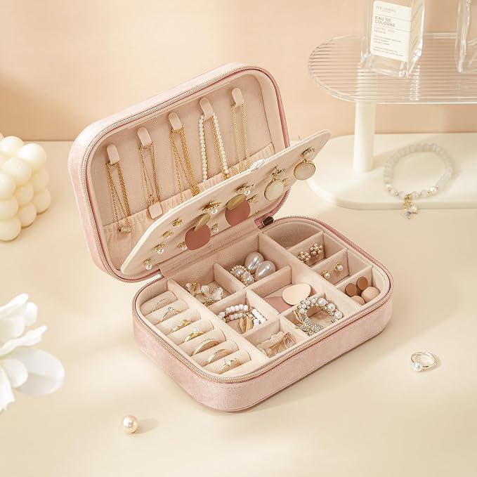 CASEGRACE Plush Velvet Travel Jewelry Box, Portable Jewelry Case for Women Girls, Double Layer Jewelry Organizer Display Box for Necklace Earring Rings Bracelet, Travel Accessory Gifts, Pink - Image 2