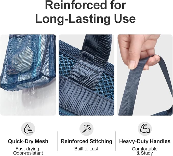 F-color Mesh Shower Caddy Portable Hanging - 3 Pockets Small Shower Bag Tote for Camping, Gym, Travel, Toiletry, Quick Dry Bathroom Essentials with S Hook, Navy Blue - Image 4