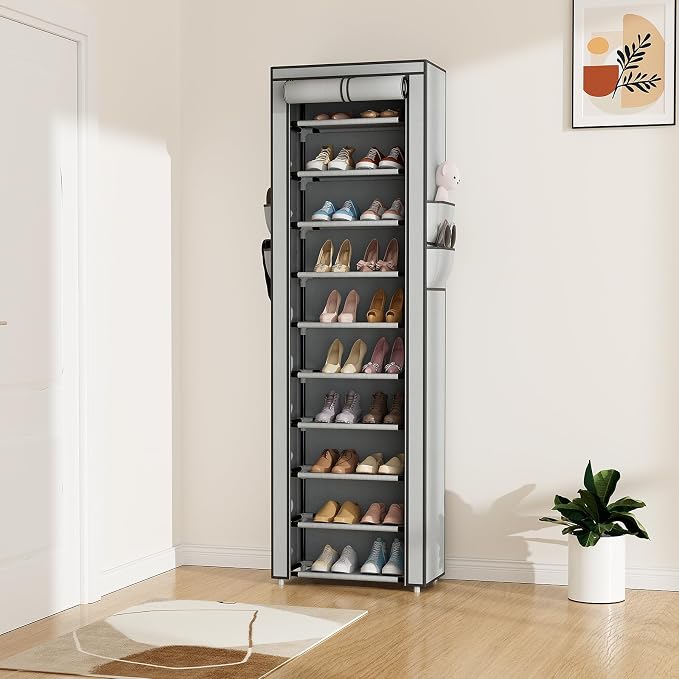 ROJASOP Shoe Rack with Covers 10 Tier Large Shoe Organizer Tall Shoe Closet Storage for 20-22 Pairs Shoe and Boot, Free Standing Shoe Rack Organizer for Closet, Entryway, Bedroom, Grey - Image 2