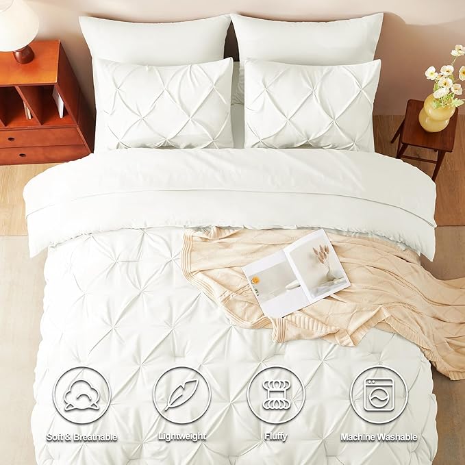 CozyLux Full Size Comforter Sets Ivory, 7 Pieces Pintuck Bed in A Bag Ivory Comforter Full Size, Pinch Pleat Bedding Sets with All Season Comforter, Sheets, Pillowcases & Shams
