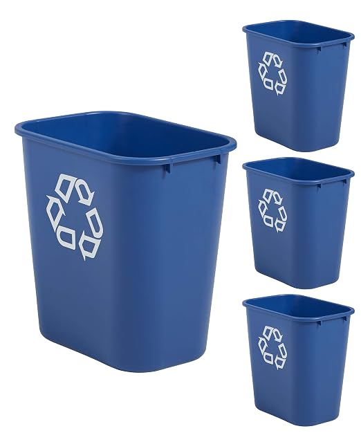 Rubbermaid Commercial Products Deskside Recycling Can, 7-Gallon/28-Quart, Blue Recycling Symbol, Plastic, for Bedroom/Bathroom/Office/Under Desk/Sink, Pack of 4 by RubbermaidCommercialProducts