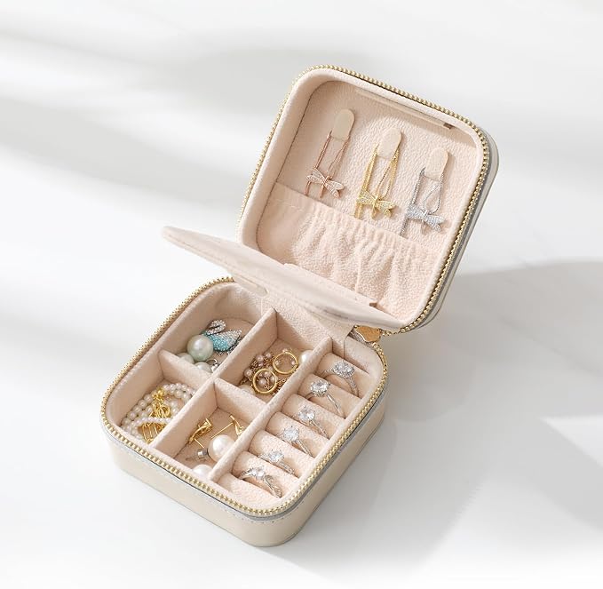 Genuine Leather Travel Jewelry Case Organizer with Mirror for Women, Small Jewelry Box Portable Mini Jewelry Case for Earring, Ring, Necklace, Bracelet(Beige) - Image 4