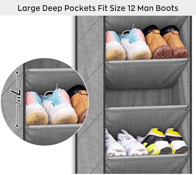 SLEEPING LAMB Over The Door Shoe Organizer for Closet with Large Deep Pockets, Narrow Shoe Rack for Door Hanging Boots Storage, Grey - Image 3