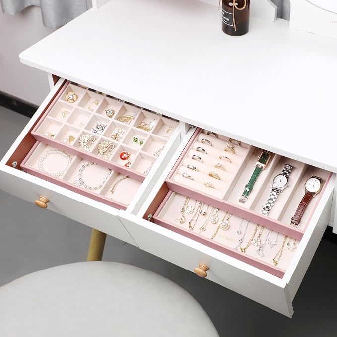 LANDICI Stackable Jewelry Organizer Trays 4 Set,PU Leather Jewelry Organizer Drawer,Jewelry Storage Display Tray for Earring Necklace Rings Bracelet with Removable Dividers,Rose Gold - Image 4