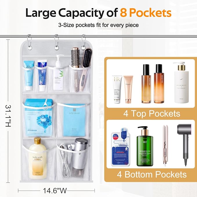 MISSLO Hanging Mesh Pockets Hold 340oz/1000ml Shampoo Shower Organizer with Over the Door Hooks - Image 2