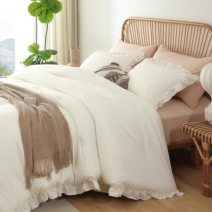 JANZAA Full Comforter Set Creamy White Ruffle Comforter with 2 Pillowcase Soft Full Size Bed Set Vintage Farmhouse Bed Comforter Set Fluffy Shabby Chic Bedding for All Season