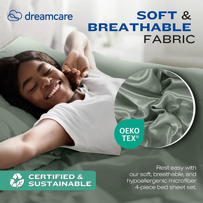 DREAMCARE Twin XL Sheet Sets - 4 pcs Breathable Cooling Bed Sheets - up to 15" Deep Pocket Twin XL Sheets Set with Side Pockets - Extra Soft 100% Brushed Hypoallergenic Hotel Luxury Bedding Sage Green