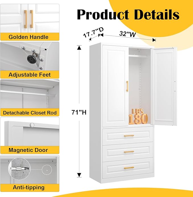 SteeLoong 71" Metal Armoire Wardrobe Closet with 3 Drawer，Tall Clothing Storage Cabinet with Adjustable Shelves and Hanging Rod,White Wardrobe Closet for Bedroom,Home,Office,Gym