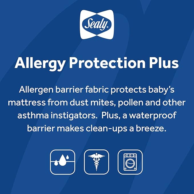 Sealy Baby Allergy Protection Plus Fitted Waterproof Infant Crib Mattress Protector Pad and Toddler Bed Cover, Durable & Comfortable Topper, Machine Washable and Dryer Friendly, 52” x 28”- White
