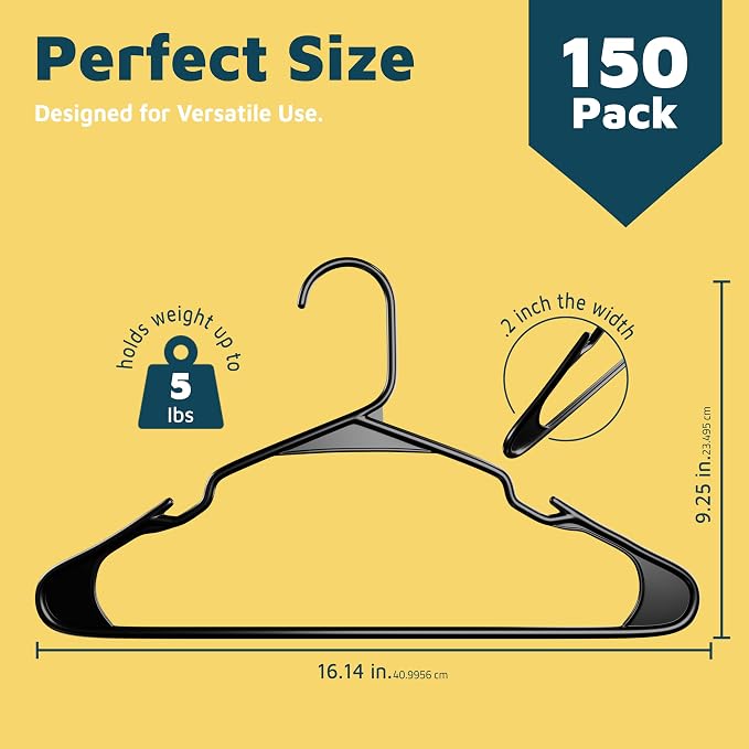 Plastic Clothes Hangers – Heavy Duty Hanger Set, for Organizing Clothes, Dresses, and Coats, Holds Up to 5 lbs, Space-Saving Hangers with Non-Slip Shoulder Grooves, Pack of 150, Black - Image 2