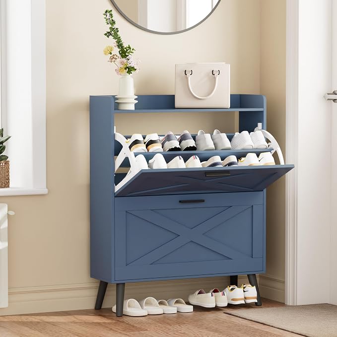 Homleke 32" W Farmhouse Shoe Storage Cabinet with 2 Flip Drawers and Barn Door Design, Adjustable Shelves, Modern Hidden Slim Narrow Shoe Rack Cabinet for Entryway, Foyer, Hallway, Living Room, Blue - Image 3