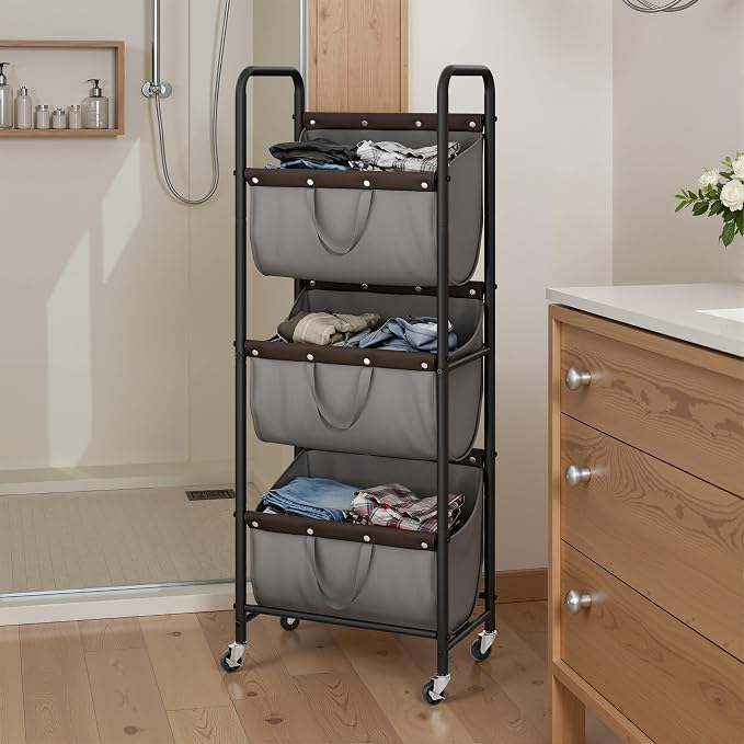 GRANNY SAYS 3 Tier Laundry Sorter, Laundry Hamper with Wheels, Laundry Room Organization and Storage, 3 Section Rolling Laundry Cart for Dorm, Bathroom, Bedroom, Closet, Grey - Image 8