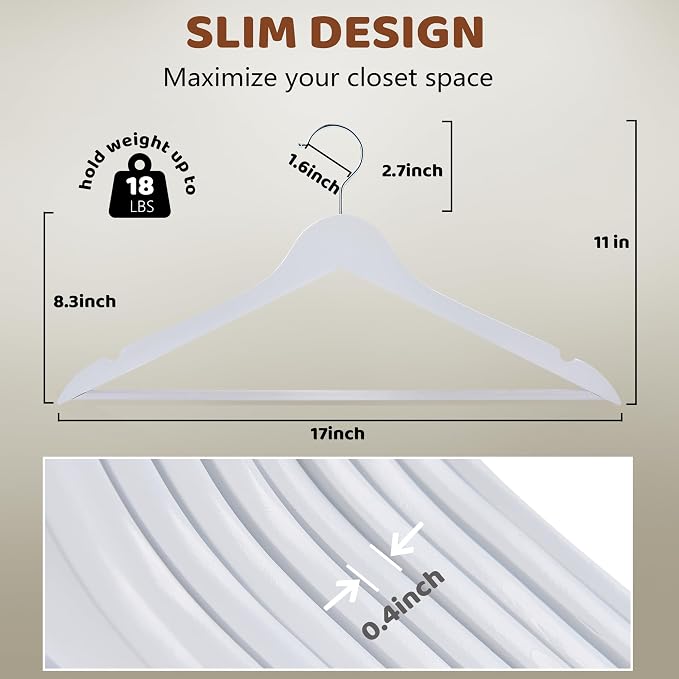 Edergoo Wooden Hangers 20 Pack, Smooth Wood Hangers with 360° Swivel Hook & Notches, Slim Coat Hanger Wooden for Closet, White - Image 5
