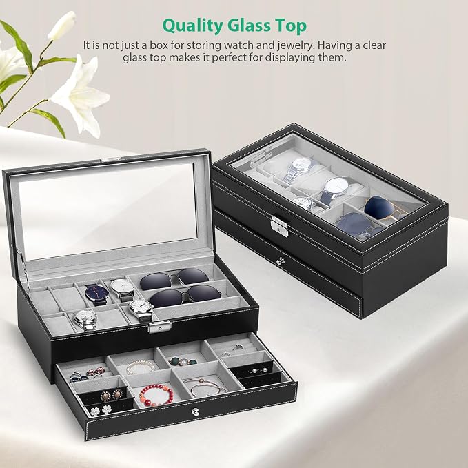 TomCare Watch Box Watch Case Jewelry Organizer Holder Jewelry Display Box Case Sunglasses Storage Organizer Lockable with Glass Top and PU Leather for Men Women, Black - Image 6