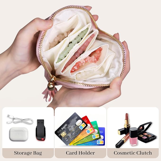 Stratalife Travel Jewelry Organizer - Portable Travel Jewelry Case for Bracelets, Bangles Crystal Storage, Necklace Ring Holder with Zipper Small Pouches Gift for Women, Light Pink Tassel - Image 2