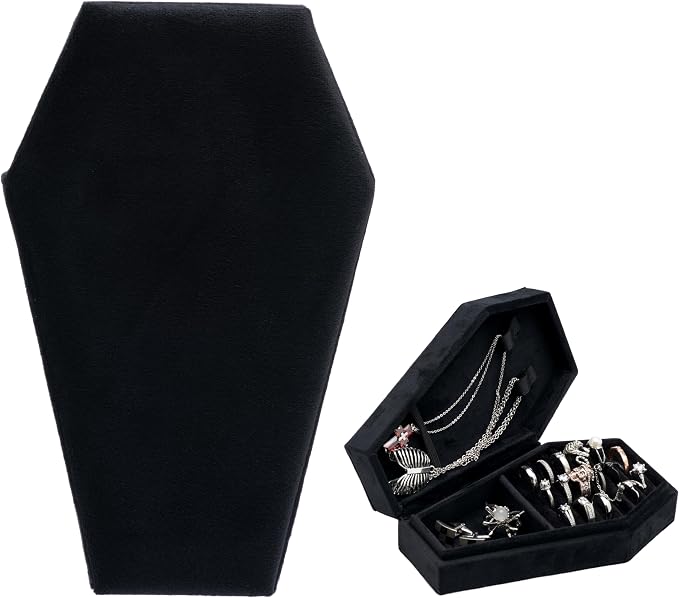 Velvet Coffin Jewelry Travel Case Holder for Gothic Wedding Ceremony Jewelry Organizer Decoration (Black) by DECORATIVEBOX